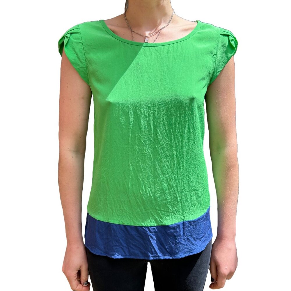 Trina Turk Bright Green & Blue Colorblock Silk Blouse Cap Flutter Sleeve Top